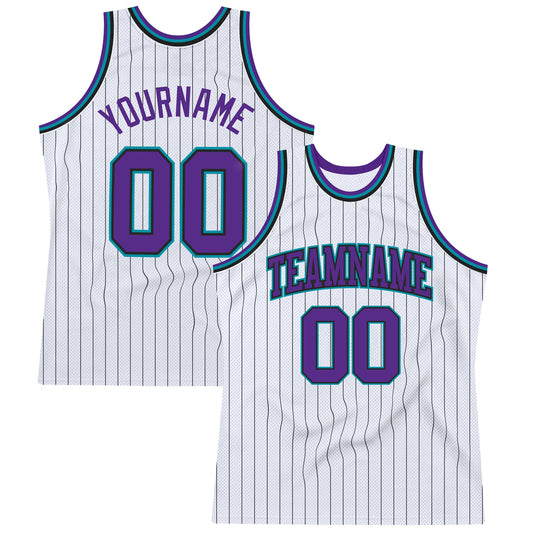 Custom White Black Pinstripe Purple-Teal Authentic Basketball Jersey - Main View