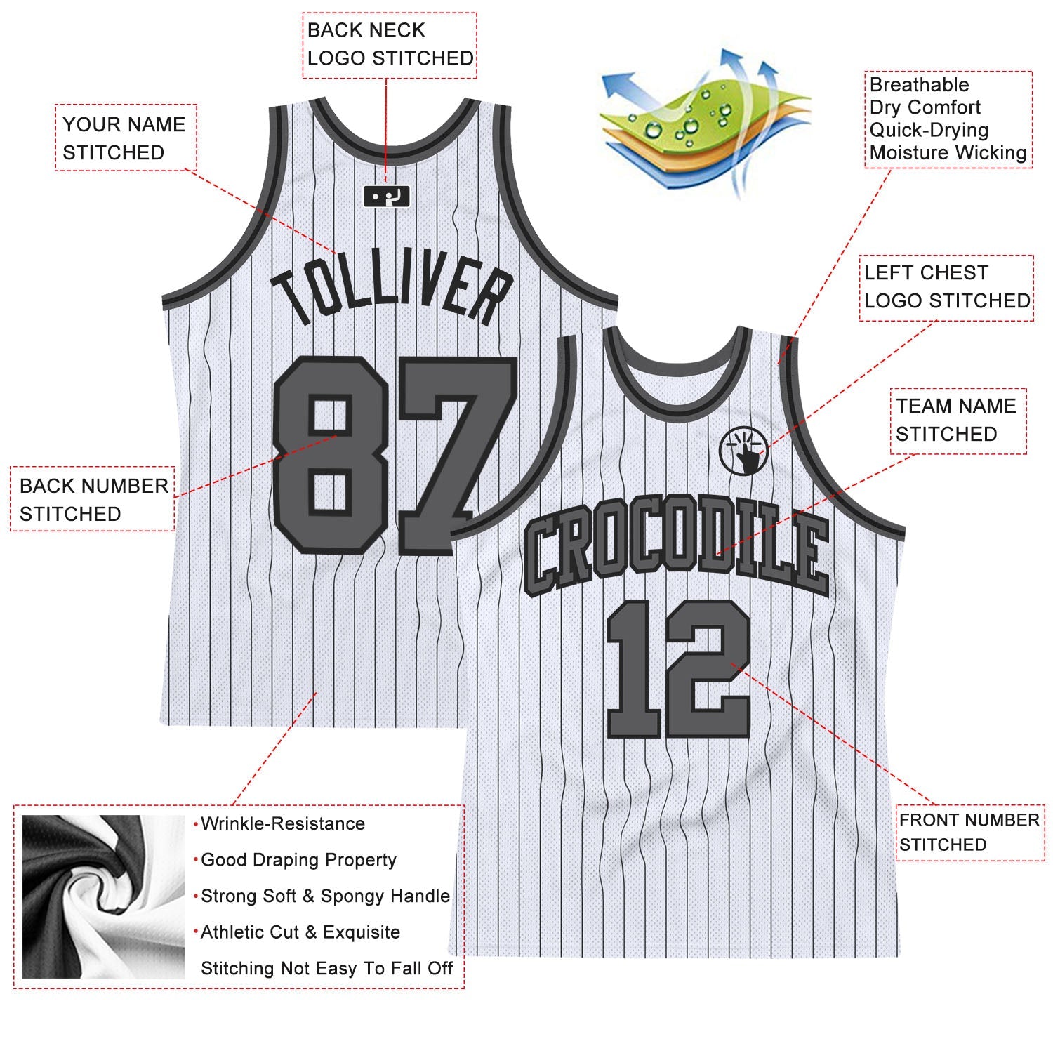 Custom White Black Pinstripe Steel Gray Authentic Basketball Jersey view 2