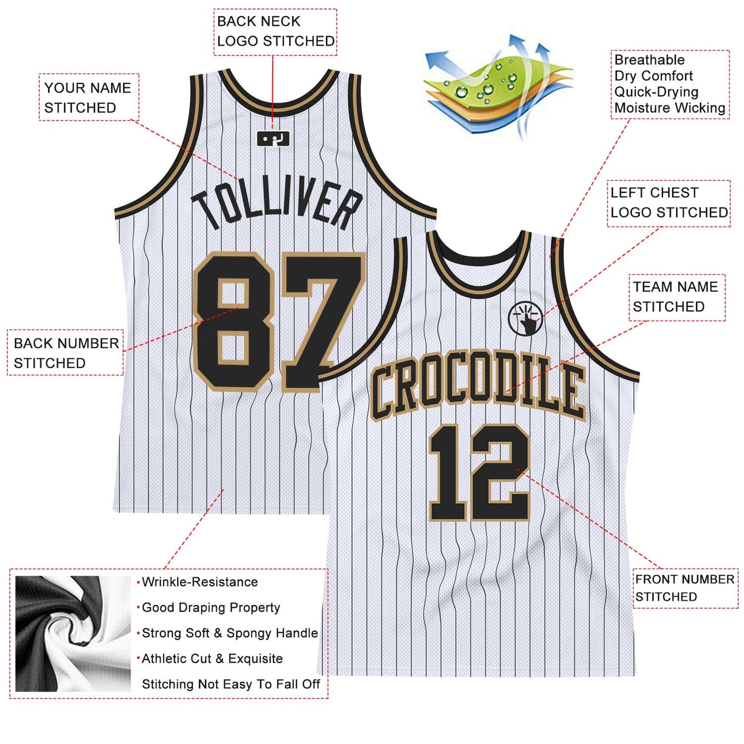 Custom White Black Pinstripe Black-Old Gold Authentic Basketball Jersey view 2