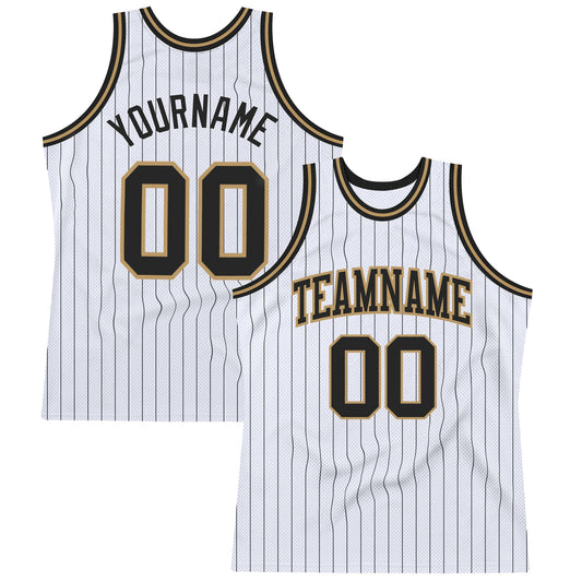 Custom White Black Pinstripe Black-Old Gold Authentic Basketball Jersey - Main View
