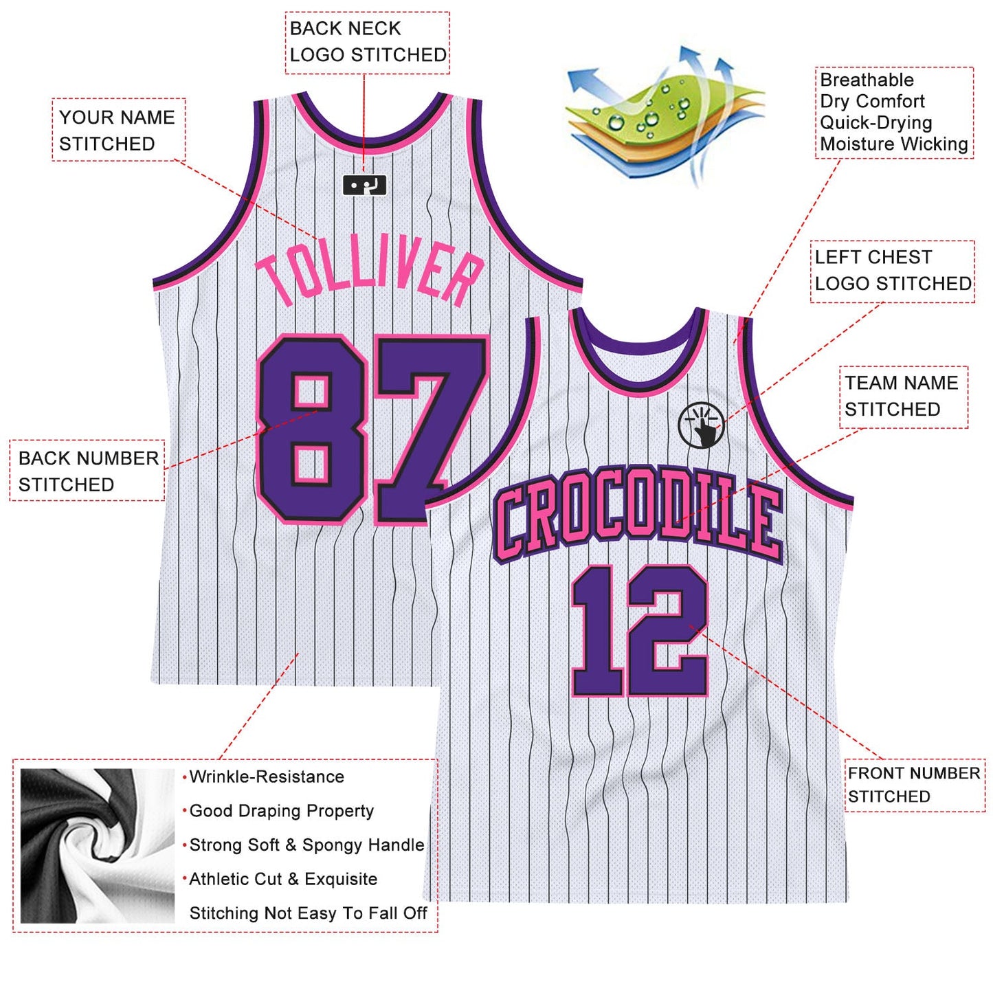 Custom White Black Pinstripe Purple-Pink Authentic Basketball Jersey view 2
