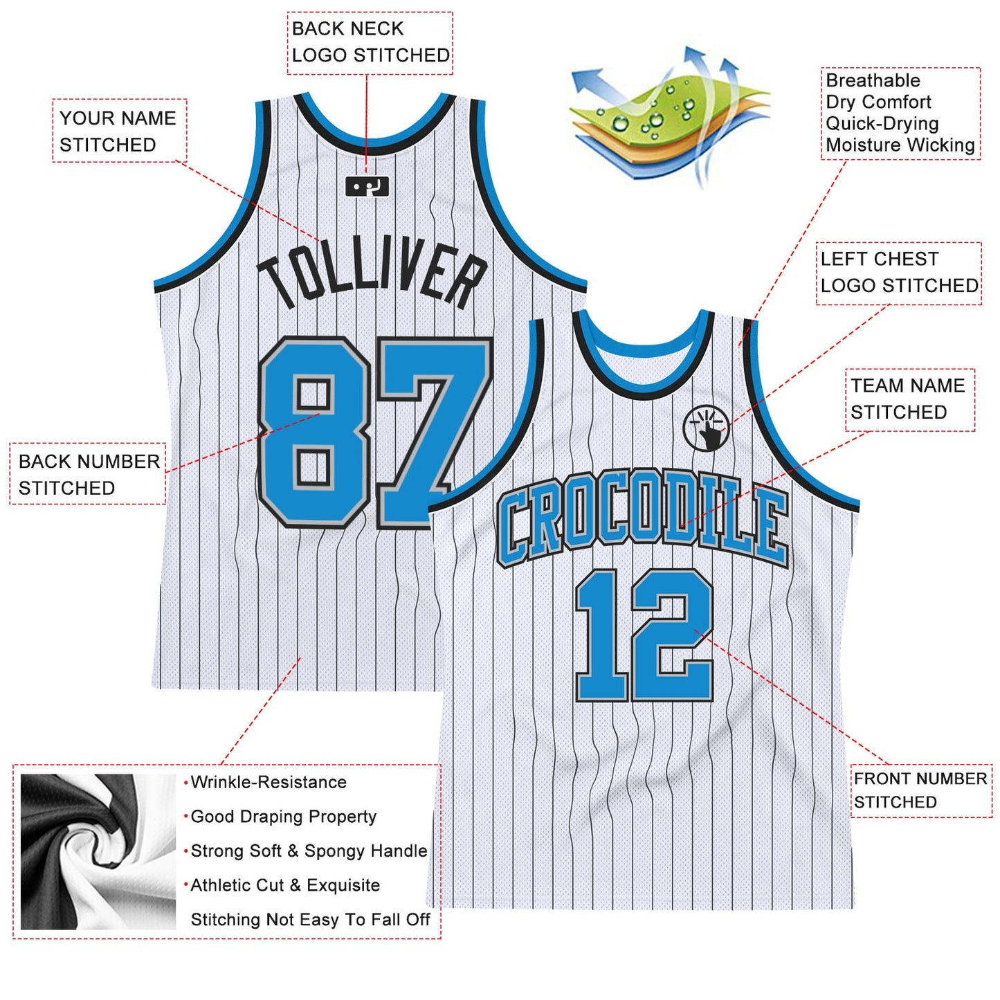 Custom White Black Pinstripe Blue-Gray Authentic Basketball Jersey view 2