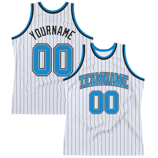 Custom White Black Pinstripe Blue-Gray Authentic Basketball Jersey - Main View