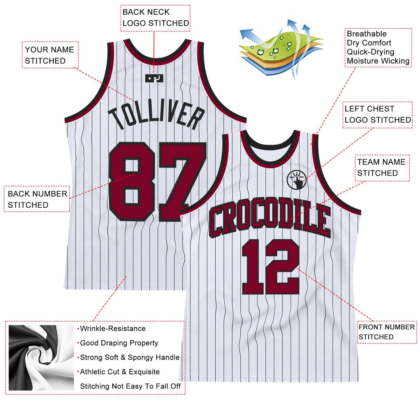 Custom White Black Pinstripe Maroon Authentic Basketball Jersey view 2