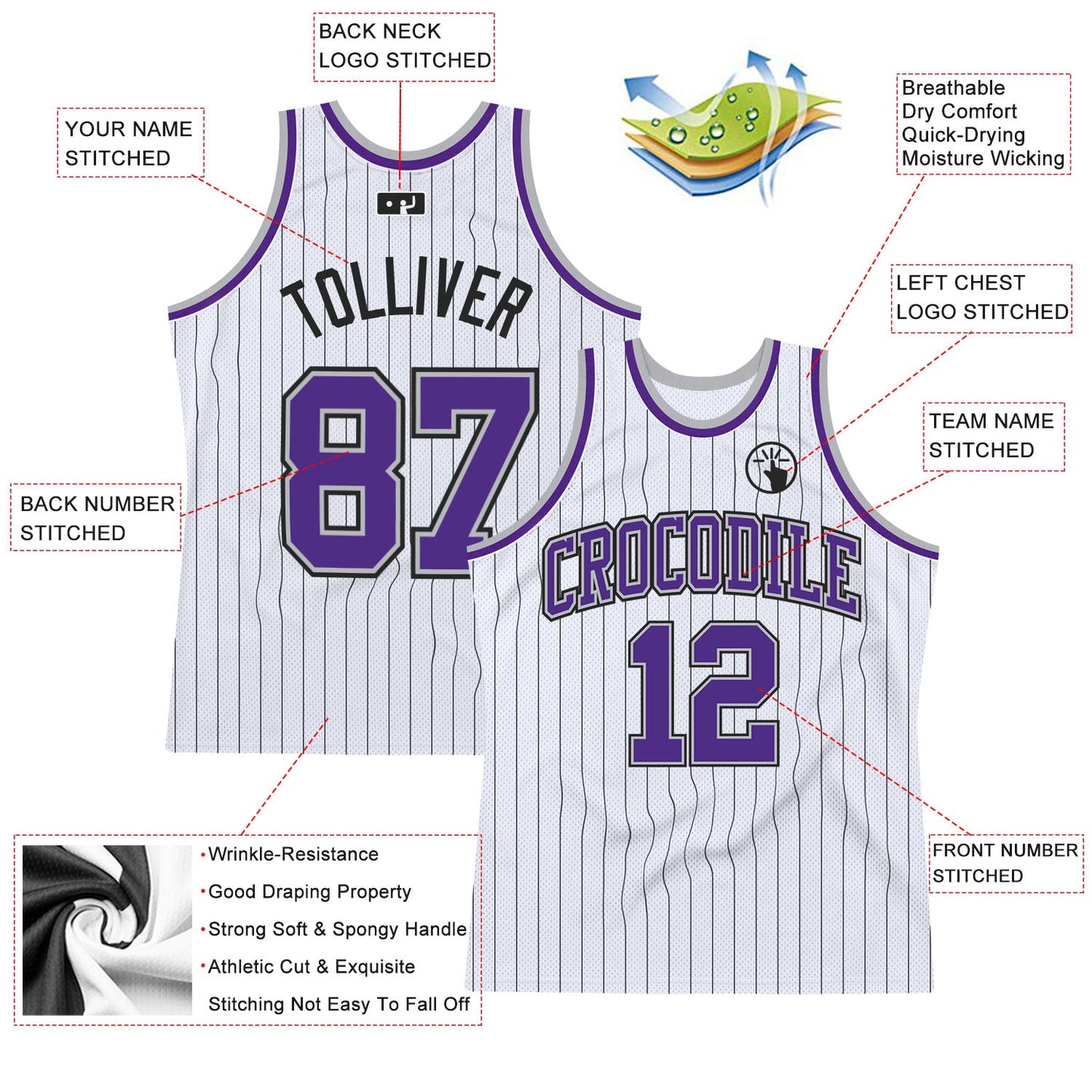 Custom White Black Pinstripe Purple-Gray Authentic Basketball Jersey view 2
