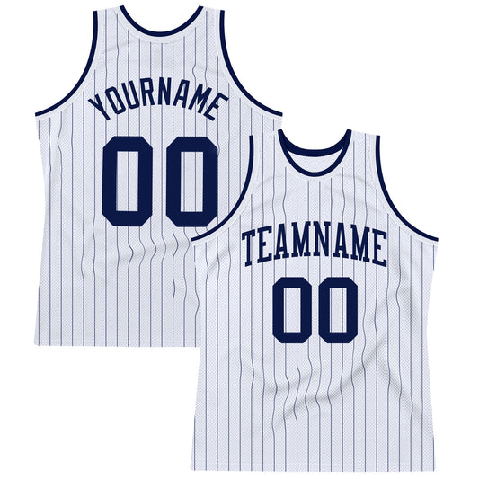 Custom White Navy Pinstripe Navy Authentic Basketball Jersey - Main View