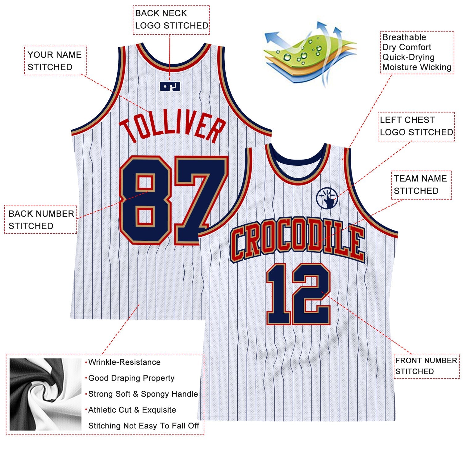 Custom White Navy Pinstripe Navy Old Gold-Red Authentic Basketball Jersey view 2