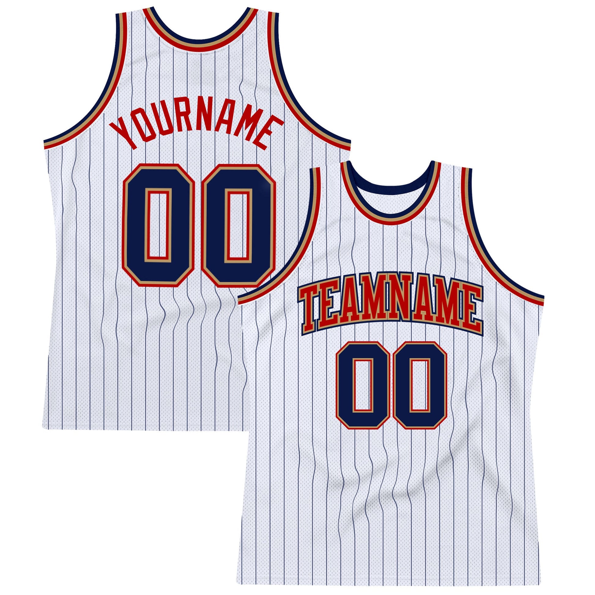 Custom White Navy Pinstripe Navy Old Gold-Red Authentic Basketball Jersey - Main View