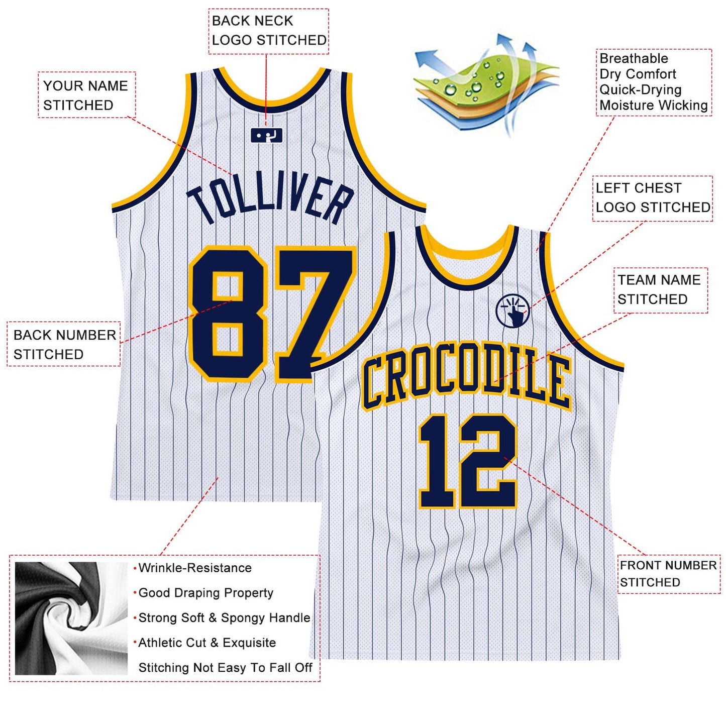 Custom White Navy Pinstripe Navy-Gold Authentic Basketball Jersey view 2