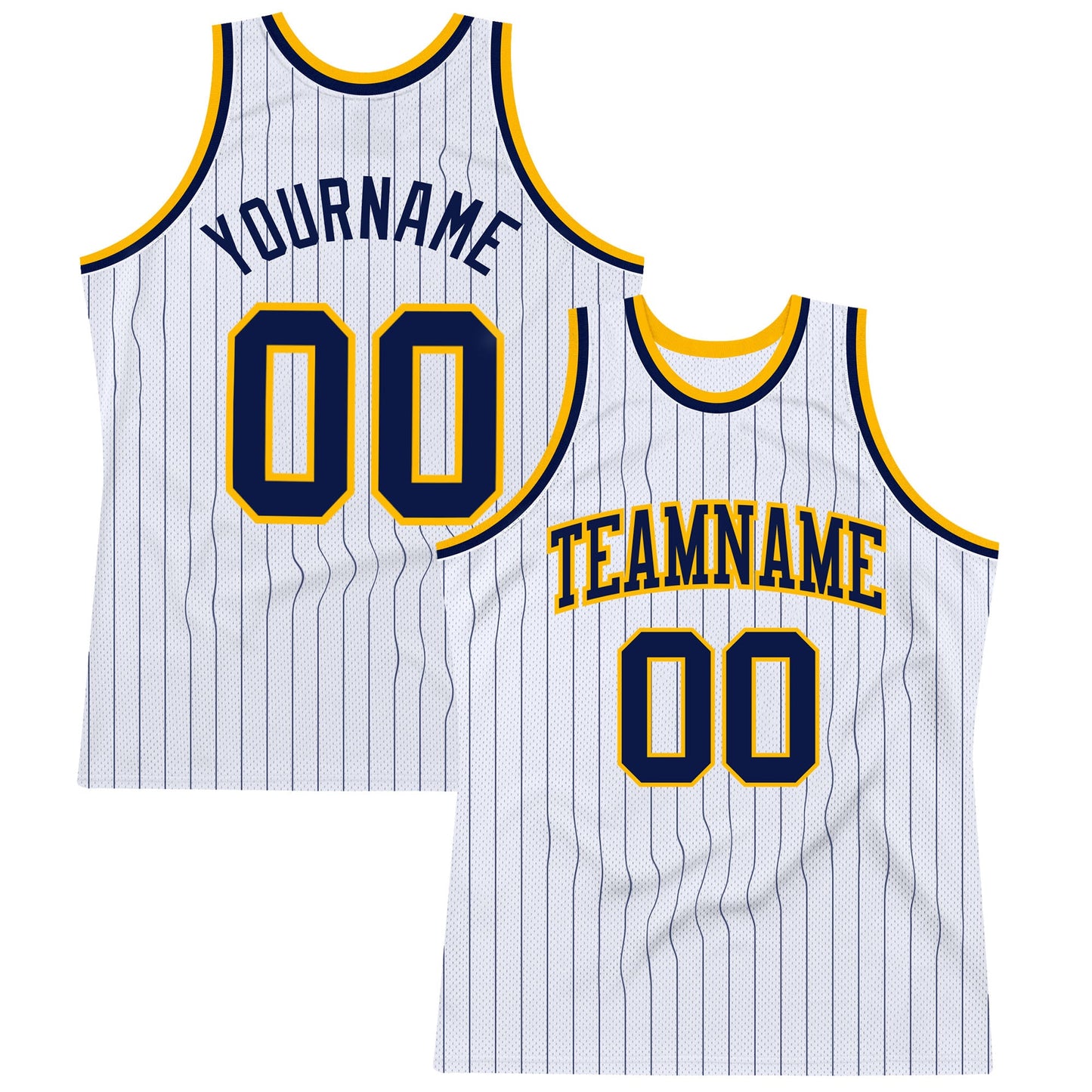 Custom White Navy Pinstripe Navy-Gold Authentic Basketball Jersey - Main View