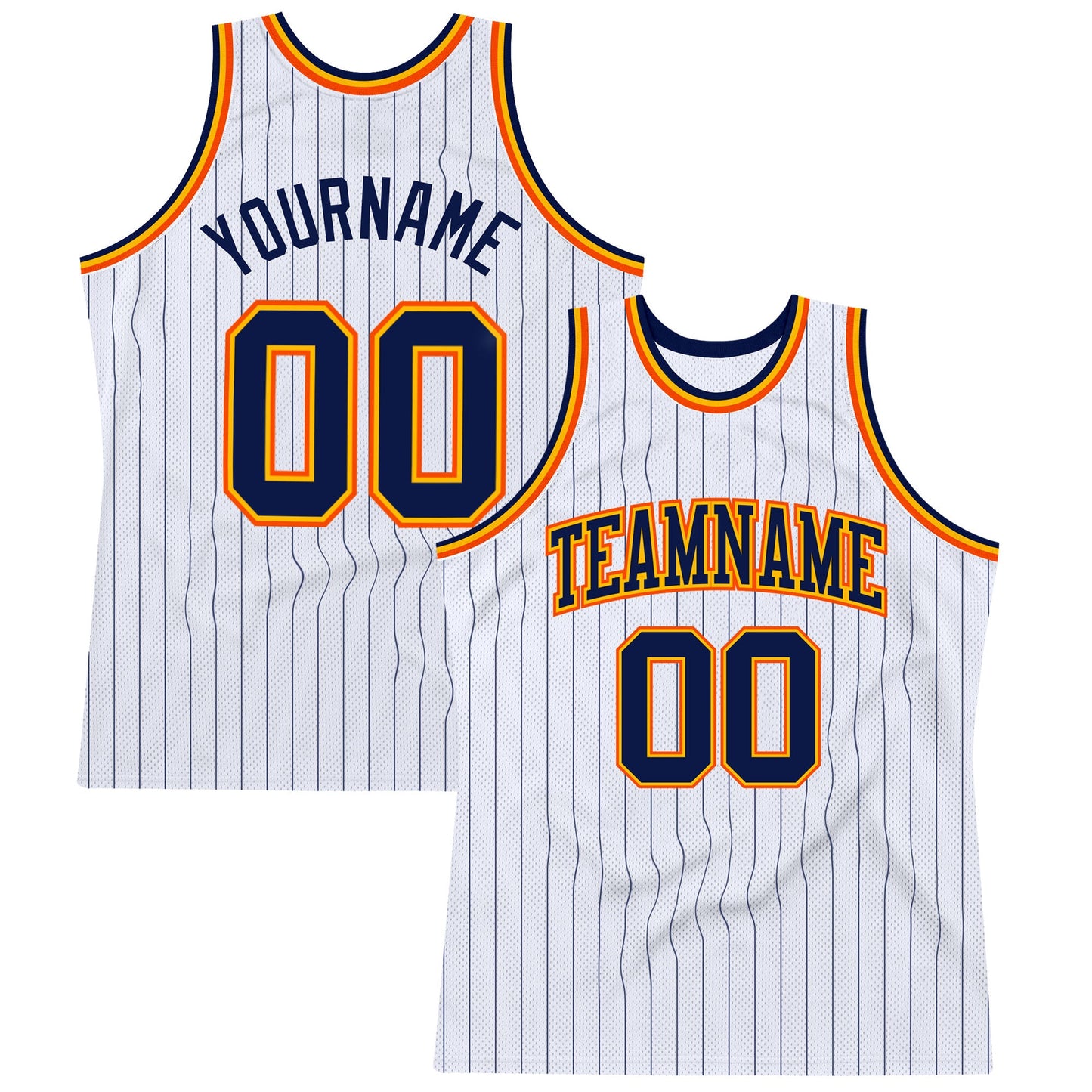 Custom White Navy Pinstripe Navy Gold-Orange Authentic Basketball Jersey - Main View