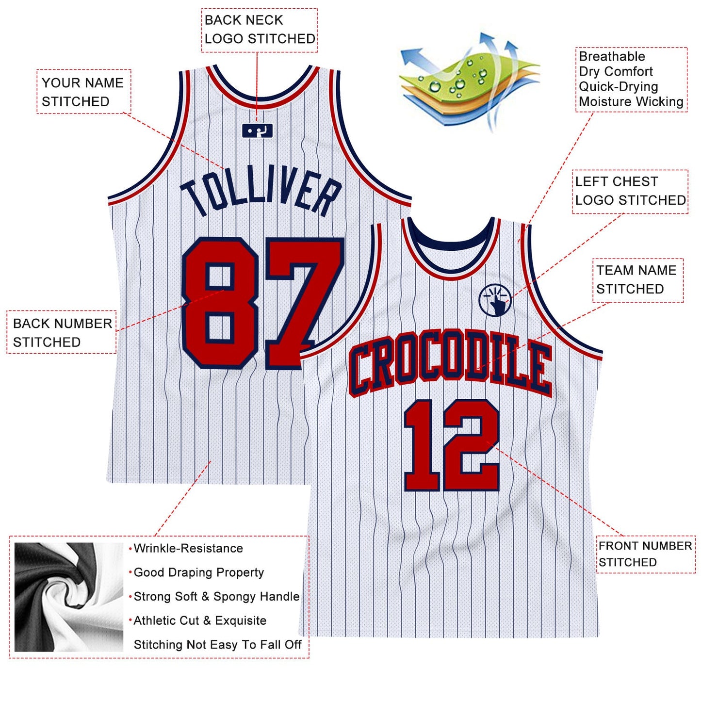 Custom White Navy Pinstripe Red Authentic Basketball Jersey view 2