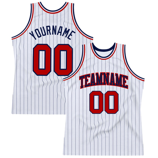 Custom White Navy Pinstripe Red Authentic Basketball Jersey - Main View