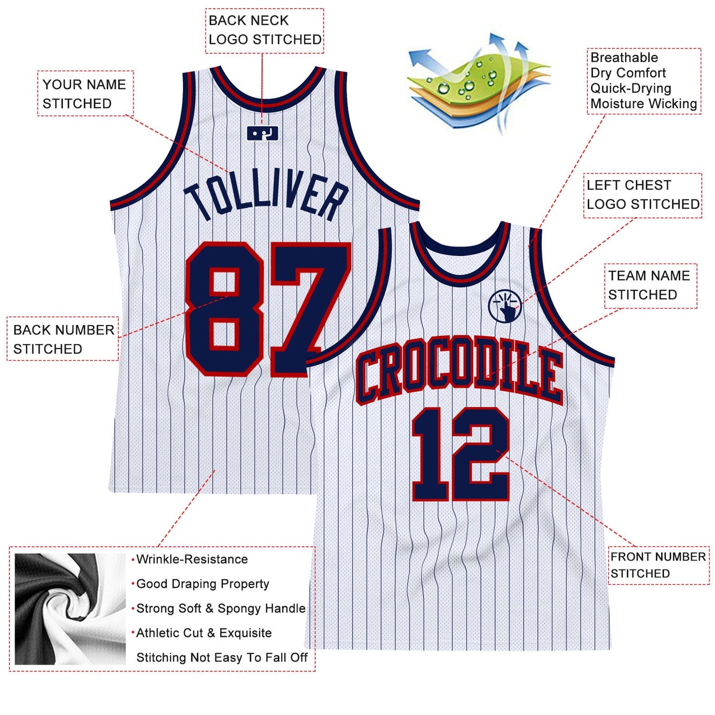 Custom White Navy Pinstripe Navy-Red Authentic Basketball Jersey view 2