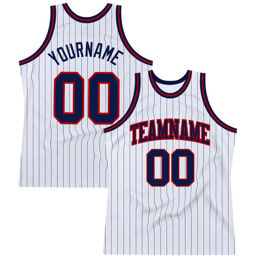 Custom White Navy Pinstripe Navy-Red Authentic Basketball Jersey - Main View