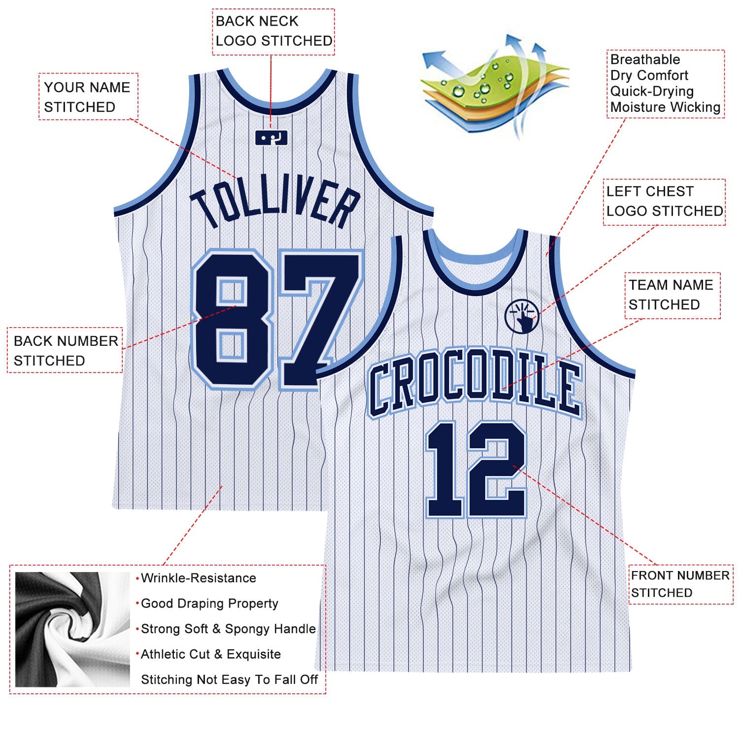 Custom White Navy Pinstripe Navy-Light Blue Authentic Basketball Jersey view 2