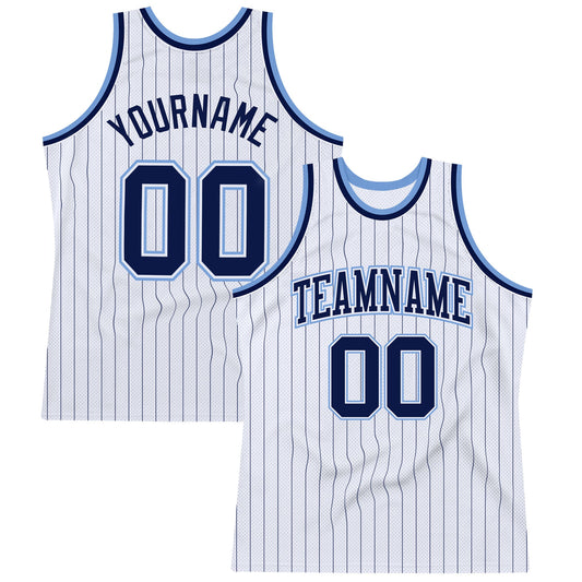 Custom White Navy Pinstripe Navy-Light Blue Authentic Basketball Jersey - Main View