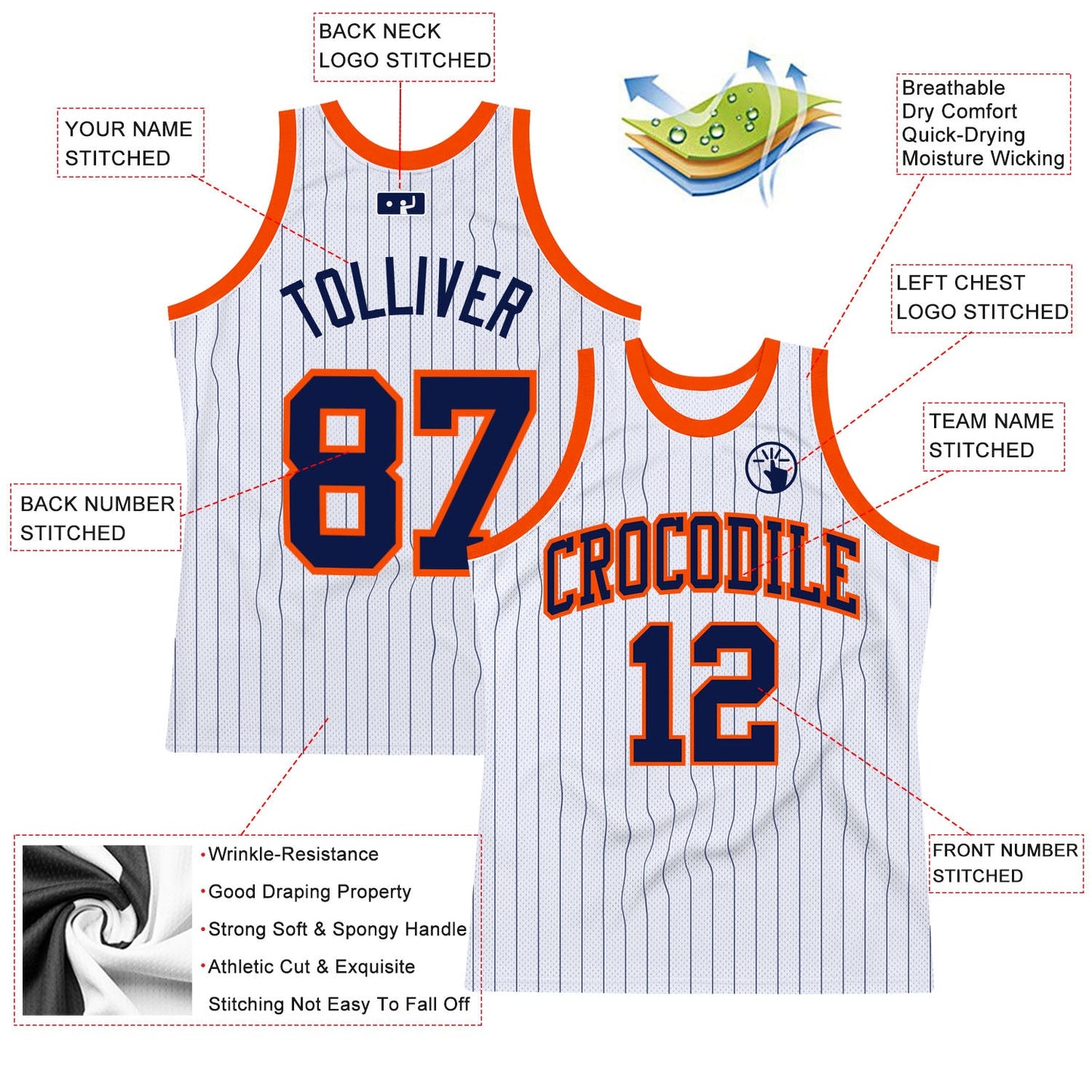 Custom White Navy Pinstripe Navy-Orange Authentic Basketball Jersey view 2