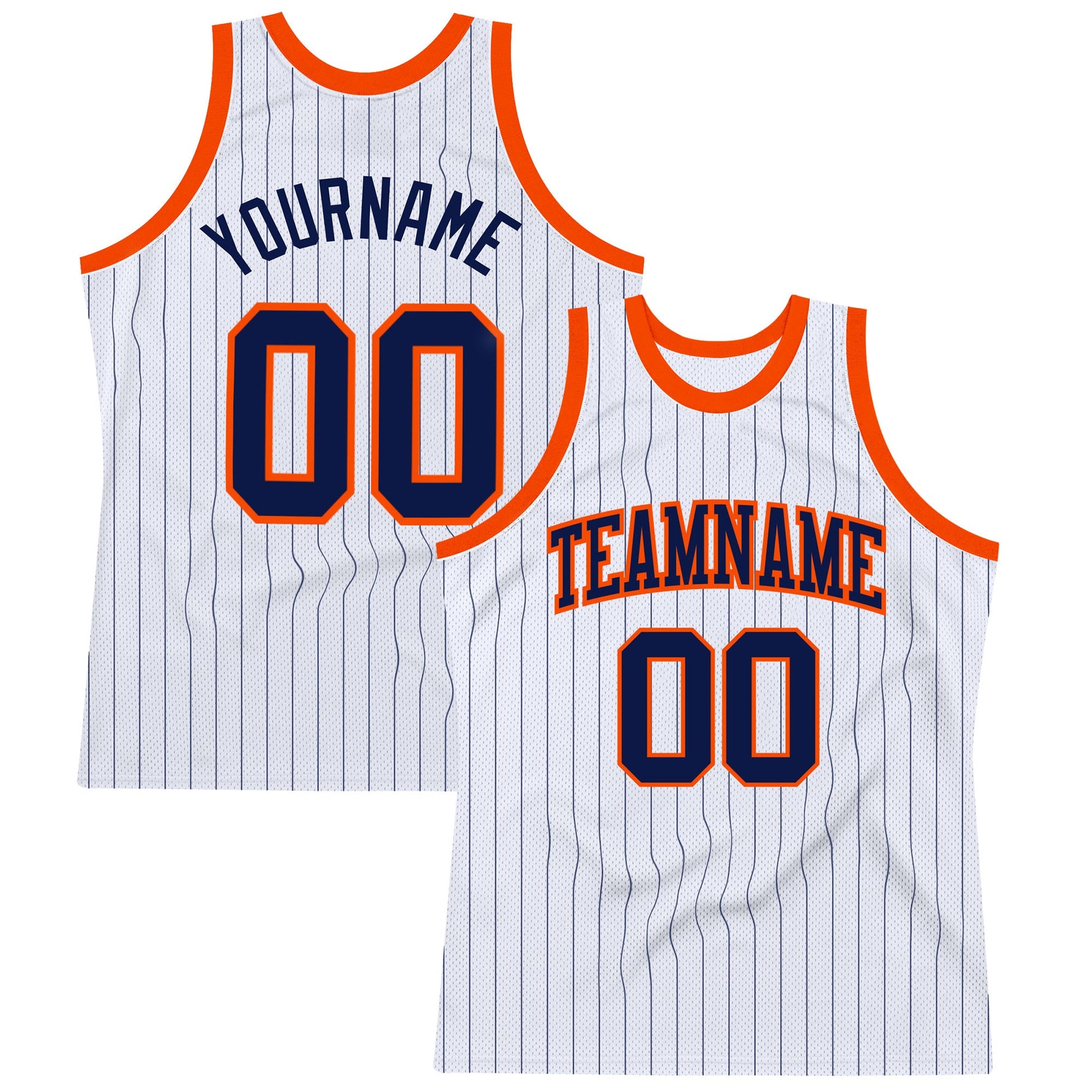 Custom White Navy Pinstripe Navy-Orange Authentic Basketball Jersey - Main View