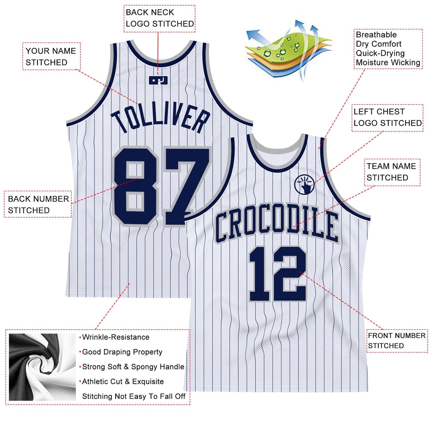 Custom White Navy Pinstripe Navy-Gray Authentic Basketball Jersey view 2