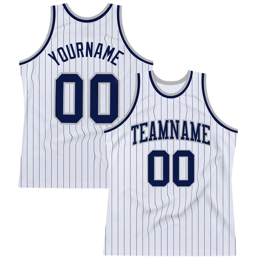 Custom White Navy Pinstripe Navy-Gray Authentic Basketball Jersey - Main View