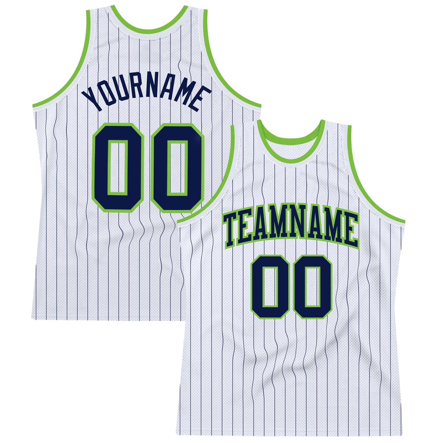 Custom White Navy Pinstripe Navy-Neon Green Authentic Basketball Jersey - Main View