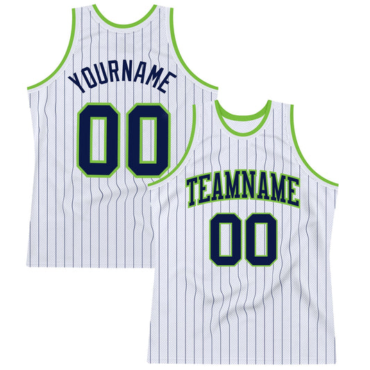 Custom White Navy Pinstripe Navy-Neon Green Authentic Basketball Jersey - Main View