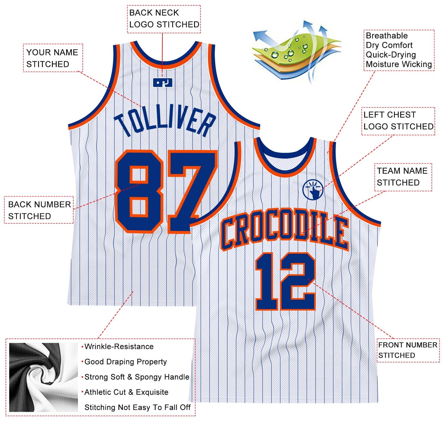 Custom White Royal Pinstripe Royal-Orange Authentic Basketball Jersey view 2