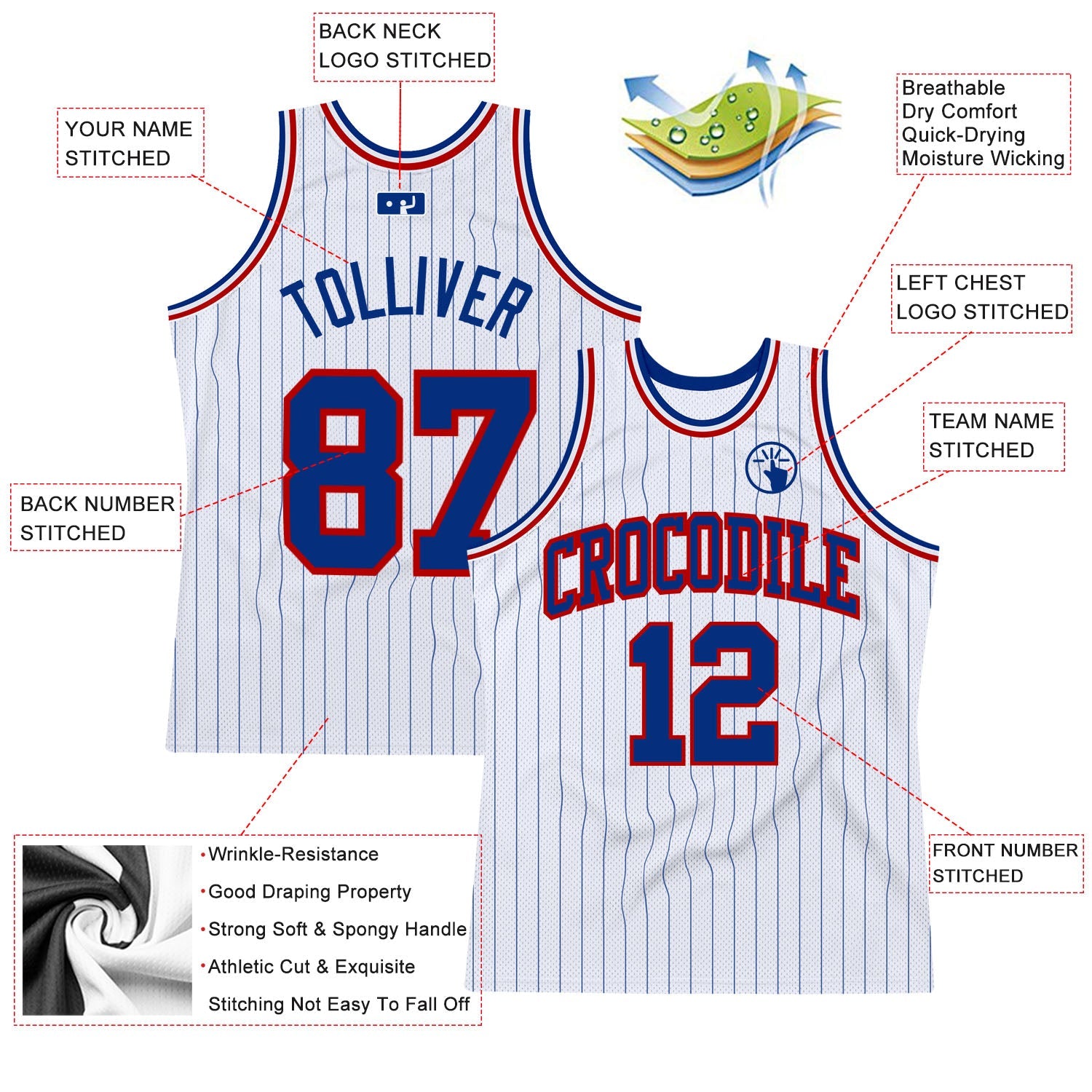 Custom White Royal Pinstripe Royal-Red Authentic Basketball Jersey view 2