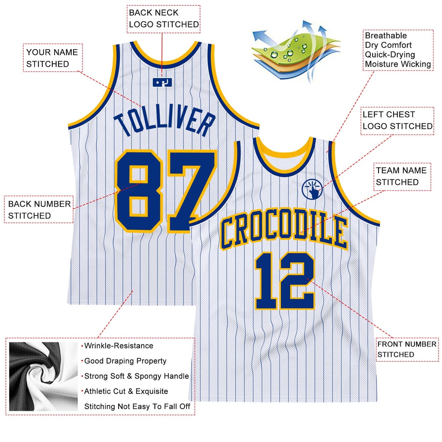 Custom White Royal Pinstripe Royal-Gold Authentic Basketball Jersey view 2