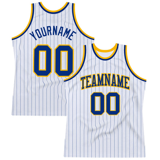 Custom White Royal Pinstripe Royal-Gold Authentic Basketball Jersey - Main View
