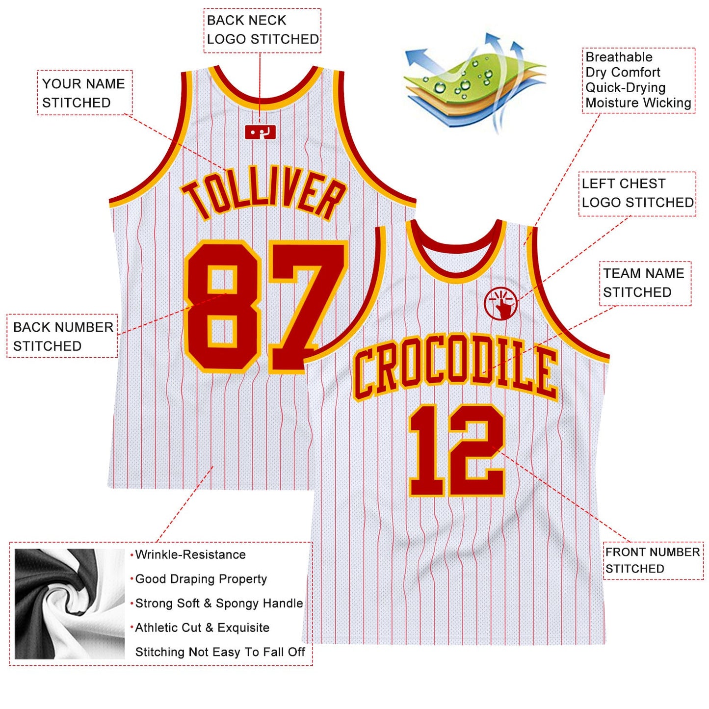 Custom White Red Pinstripe Red-Gold Authentic Basketball Jersey view 2