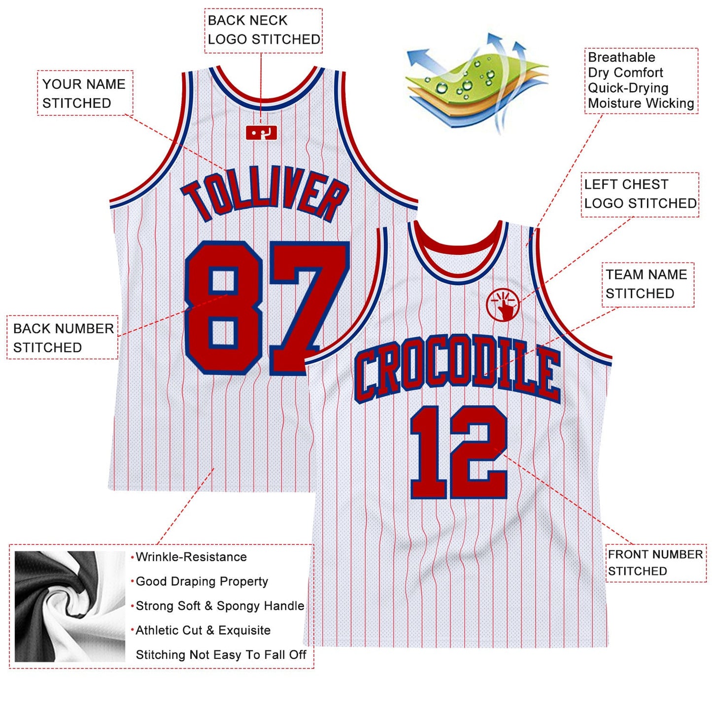 Custom White Red Pinstripe Red-Royal Authentic Basketball Jersey view 2