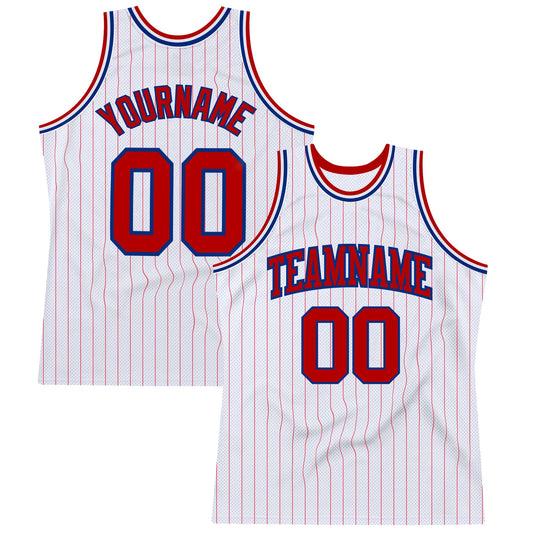 Custom White Red Pinstripe Red-Royal Authentic Basketball Jersey - Main View