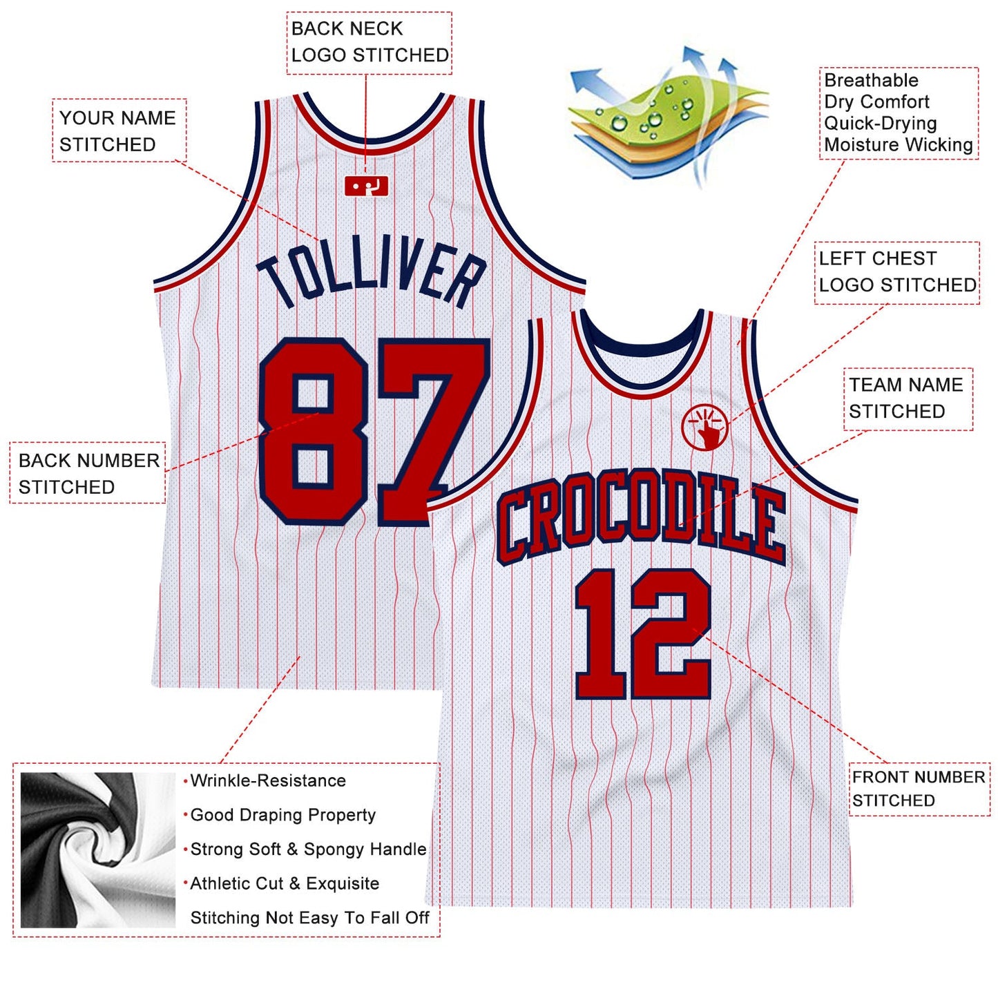 Custom White Red Pinstripe Red-Navy Authentic Basketball Jersey view 2