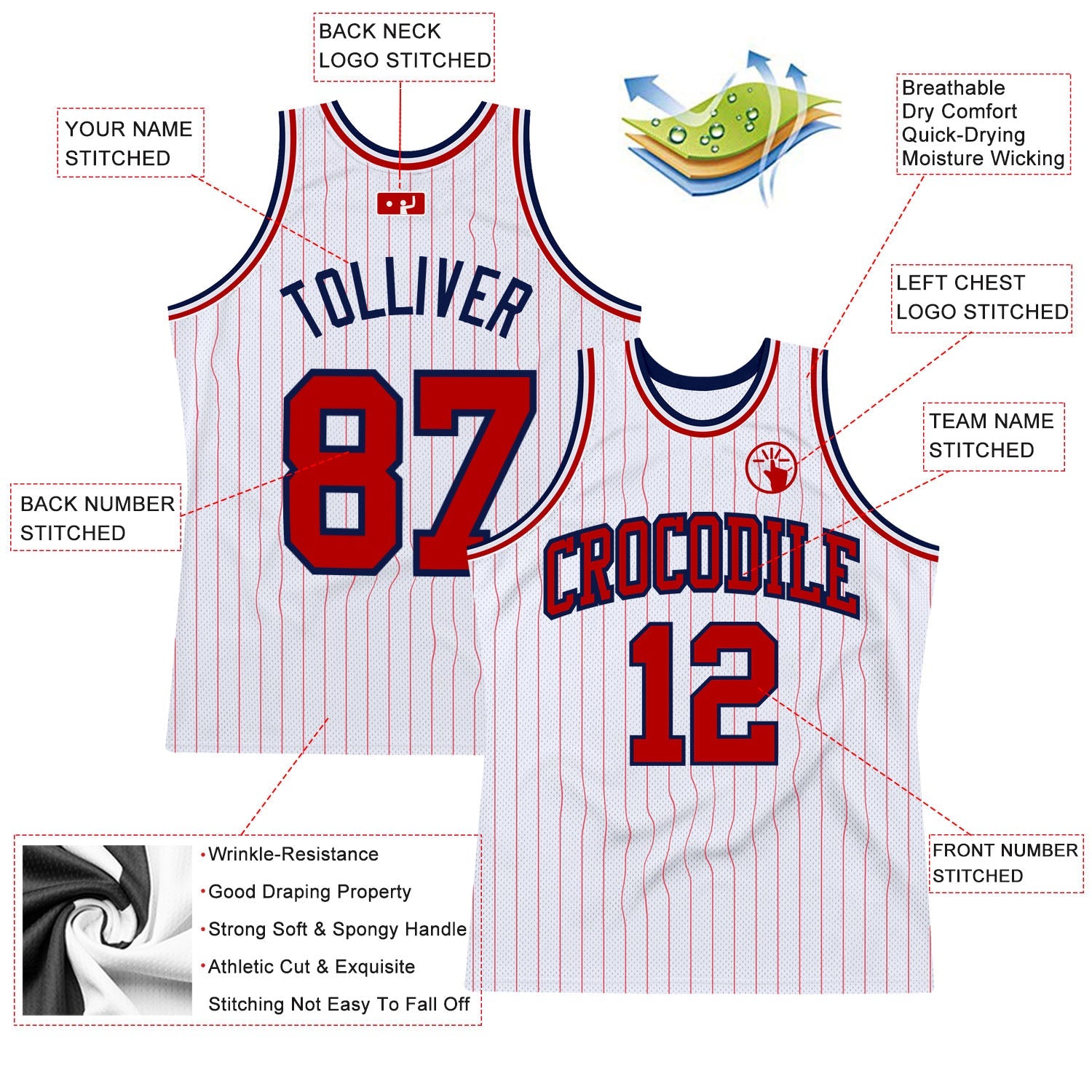 Custom White Red Pinstripe Red-Navy Authentic Basketball Jersey view 2