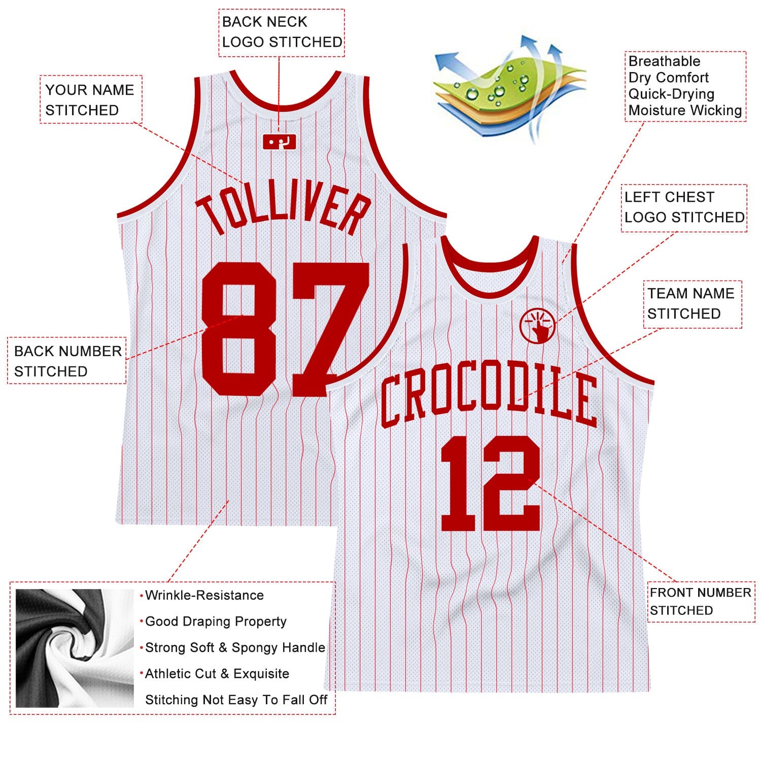 Custom White Red Pinstripe Red Authentic Basketball Jersey view 2