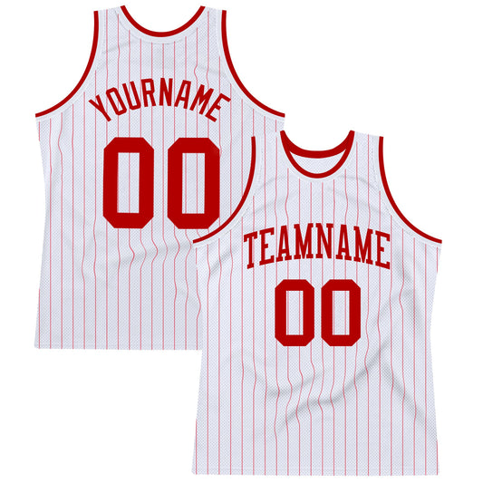 Custom White Red Pinstripe Red Authentic Basketball Jersey - Main View