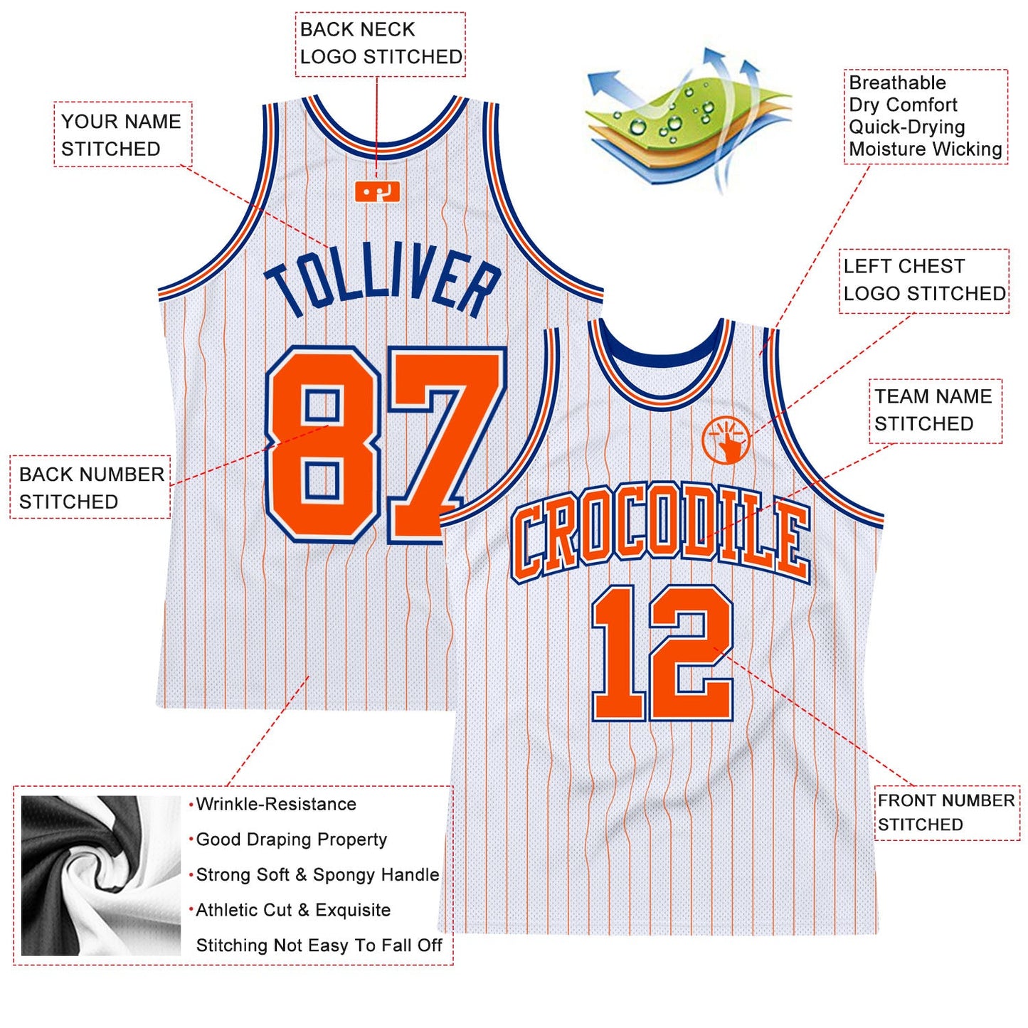 Custom White Orange Pinstripe Orange-Royal Authentic Basketball Jersey view 2