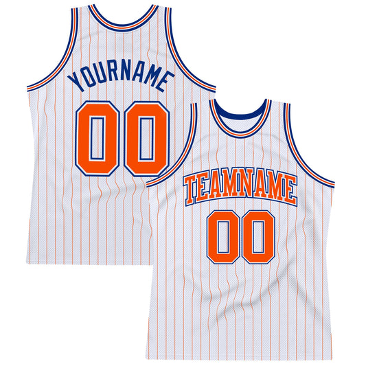 Custom White Orange Pinstripe Orange-Royal Authentic Basketball Jersey - Main View