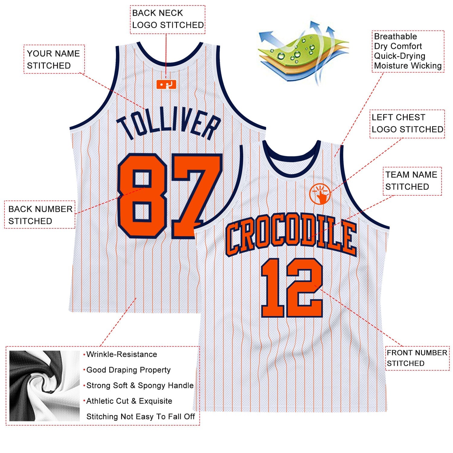 Custom White Orange Pinstripe Orange-Navy Authentic Basketball Jersey view 2