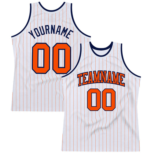 Custom White Orange Pinstripe Orange-Navy Authentic Basketball Jersey - Main View
