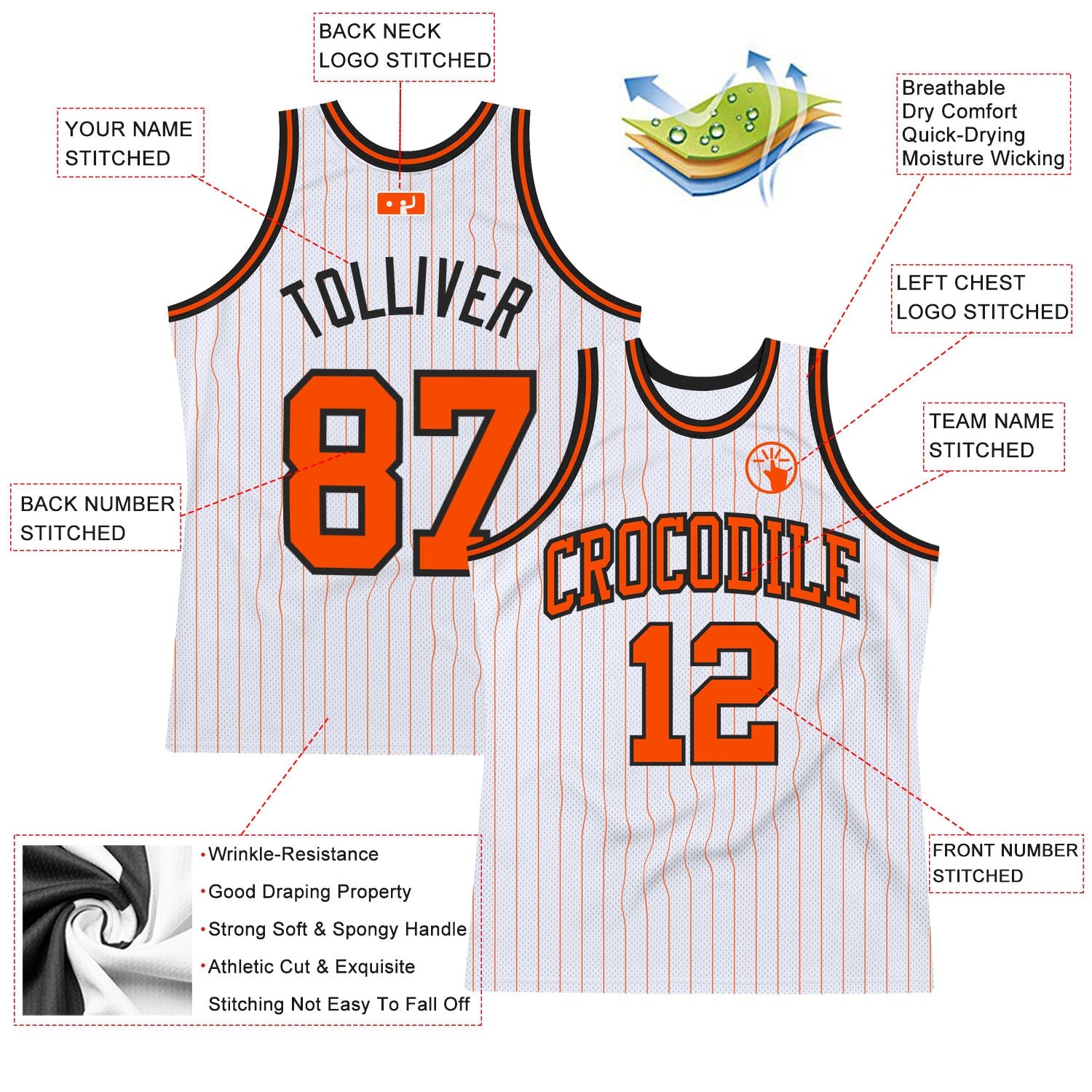 Custom White Orange Pinstripe Orange-Black Authentic Basketball Jersey view 2