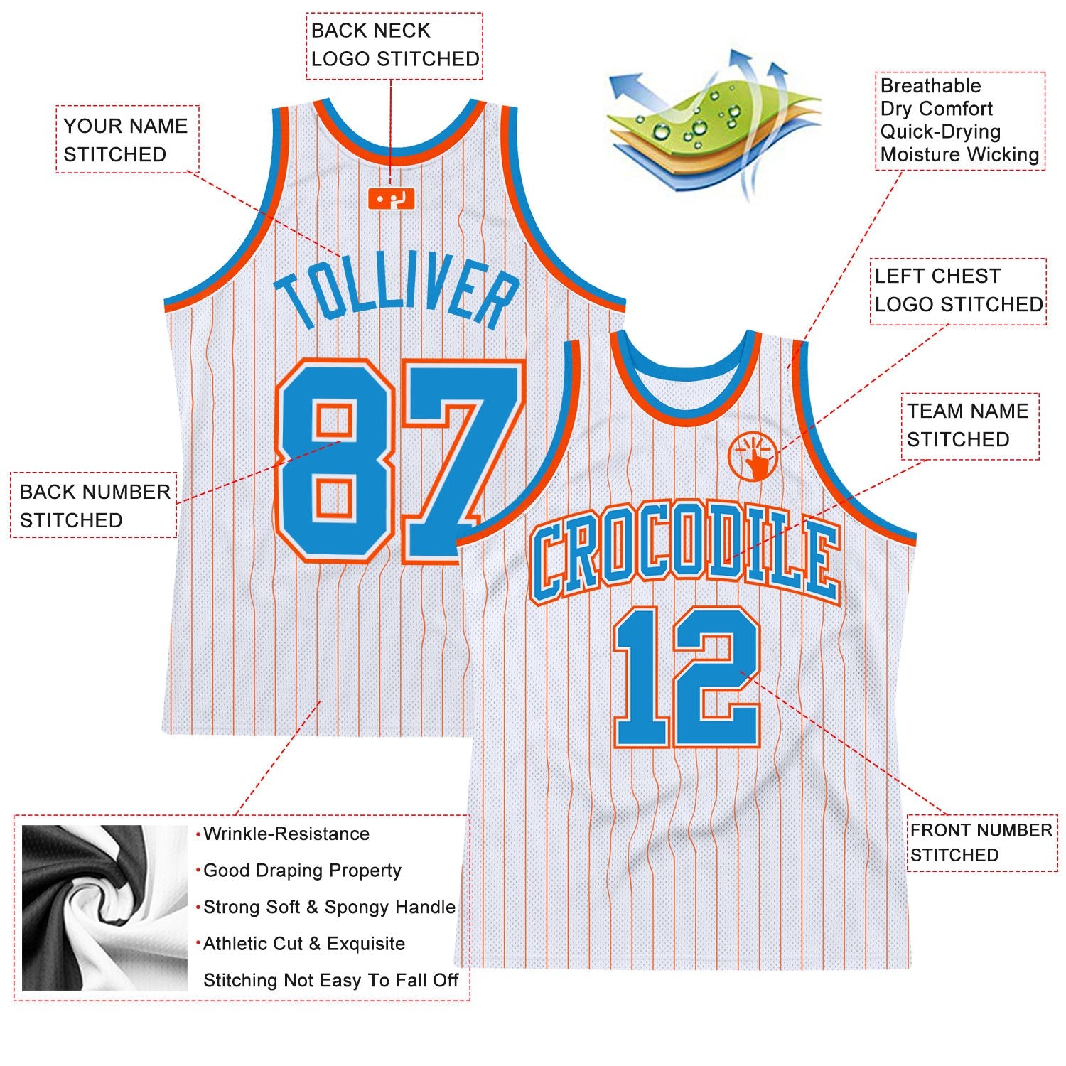 Custom White Orange Pinstripe Blue-Orange Authentic Basketball Jersey view 2