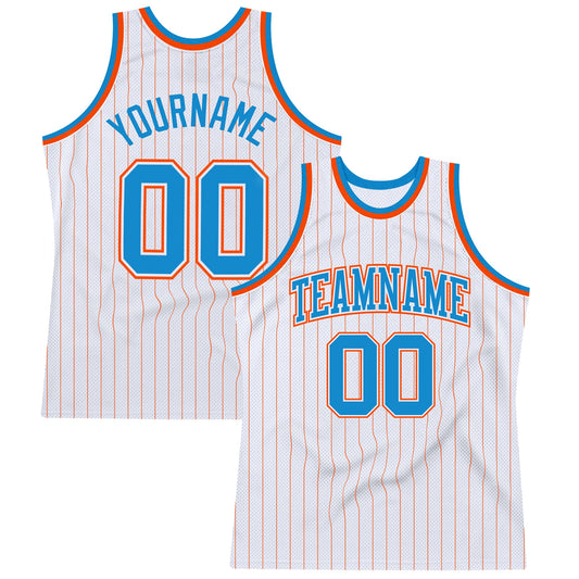 Custom White Orange Pinstripe Blue-Orange Authentic Basketball Jersey - Main View