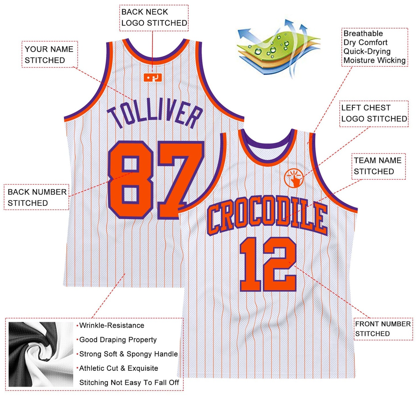 Custom White Orange Pinstripe Orange-Purple Authentic Basketball Jersey view 2