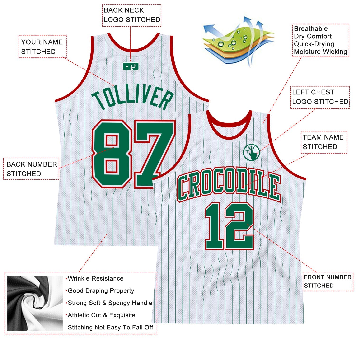Custom White Kelly Green Pinstripe Kelly Green-Red Authentic Basketball Jersey view 2