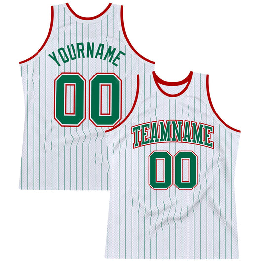 Custom White Kelly Green Pinstripe Kelly Green-Red Authentic Basketball Jersey - Main View
