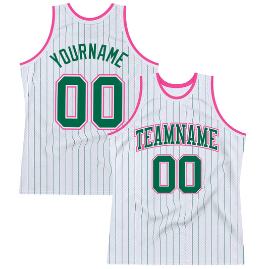 Custom White Kelly Green Pinstripe Kelly Green-Pink Authentic Basketball Jersey - Main View