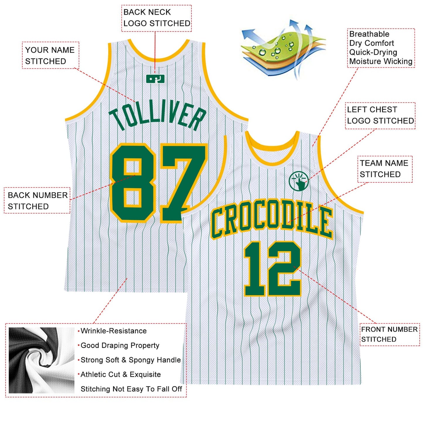 Custom White Kelly Green Pinstripe Kelly Green-Gold Authentic Basketball Jersey view 2